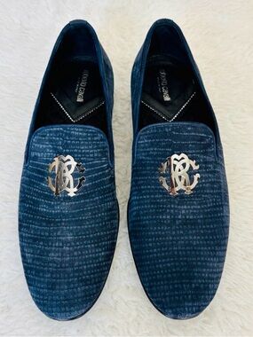Roberto Cavalli Navy Textured Leather Slip-On Loafers with Silver Metal Logo 41